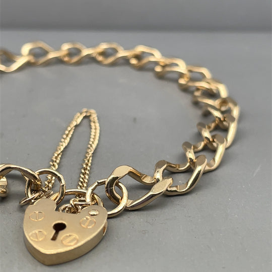 9ct Yellow Gold Heart Padlock and Safety Chain Bracelet