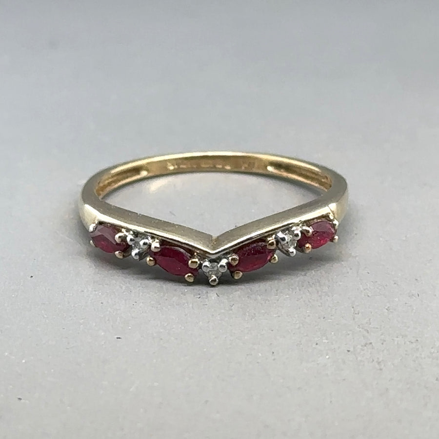 9ct Yellow Gold Ruby and Diamond Chevron Ring - Size P