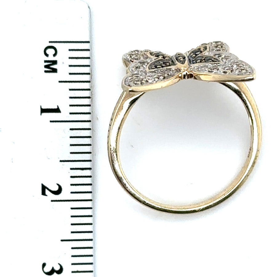 9ct Yellow Gold Blue and White Diamond Butterfly Ring (c. 0.10 - 0.15ct) - Size M 1/2
