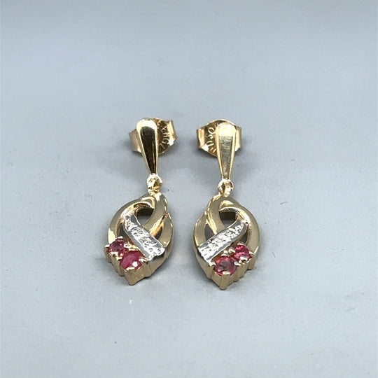 9ct Yellow Gold Ruby and Diamond Drop Earrings