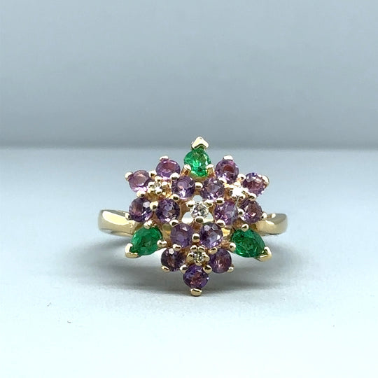 18ct Yellow Gold Diamond and Tourmaline Ring - Size M