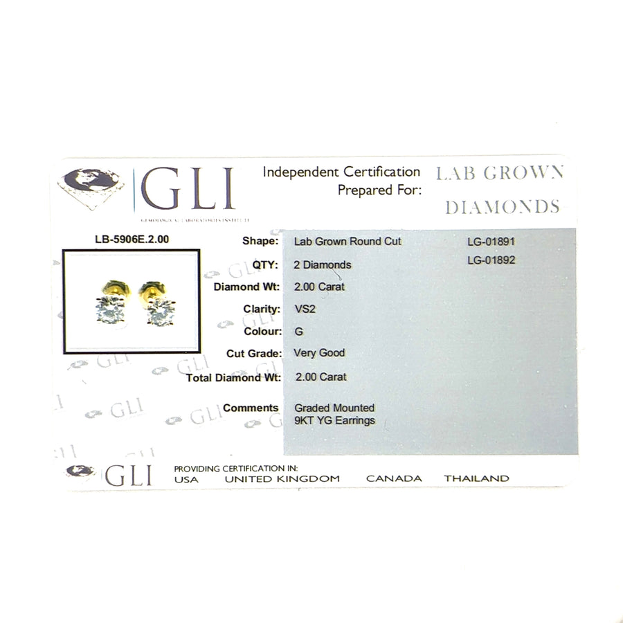9ct Yellow Gold Single Stone Lab Grown Diamond Stud Earrings (c. 2.00ct) NEW!