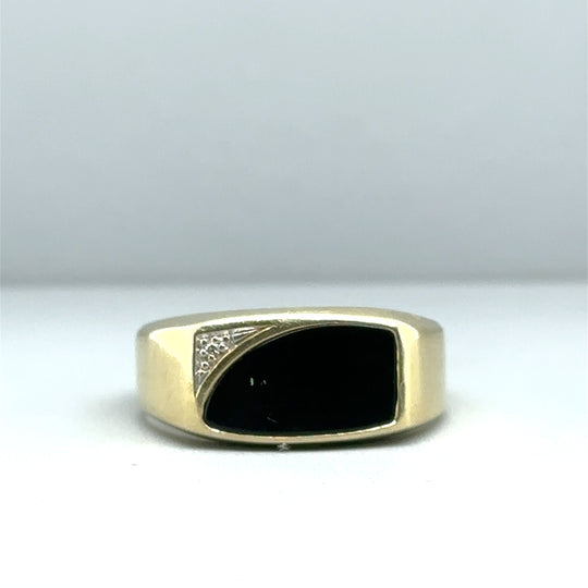 9ct Yellow Gold Single Stone Diamond and Onyx Bar Signet Ring - Size V