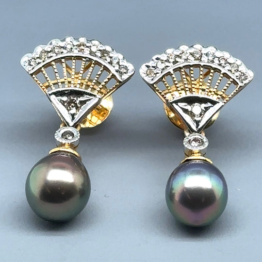 14ct Yellow Gold Cultured Pearl and Diamond Fancy Drop Earrings (c. 0.30ct)