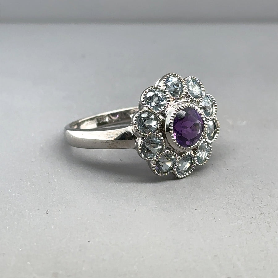 9ct White Gold Amethyst and Tanzanite Ring - Size N 1/2