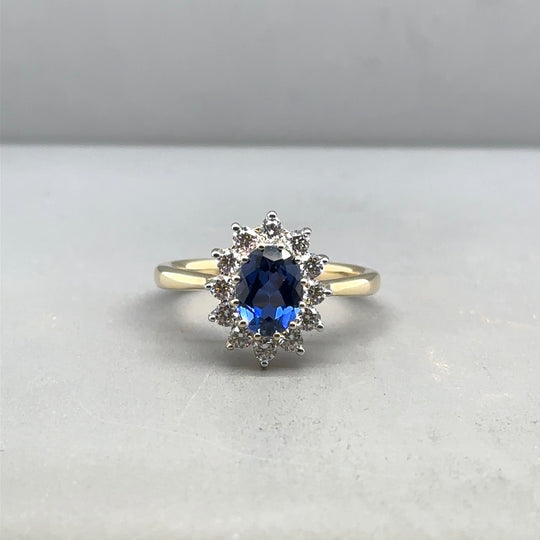 9ct Yellow Gold Lab Grown Diamond and Sapphire Cluster Ring (c. 0.47ct) - Size N 1/2 NEW!