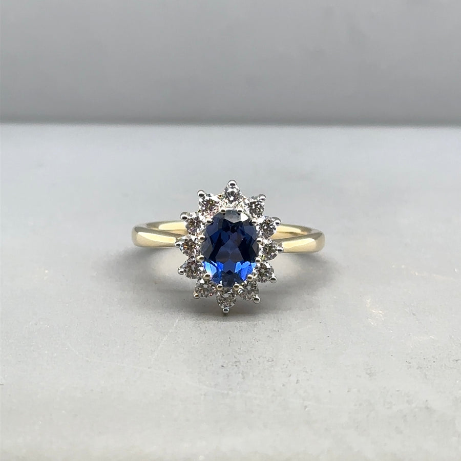 9ct Yellow Gold Lab Grown Diamond and Sapphire Cluster Ring (c. 0.47ct) - Size N 1/2 NEW!
