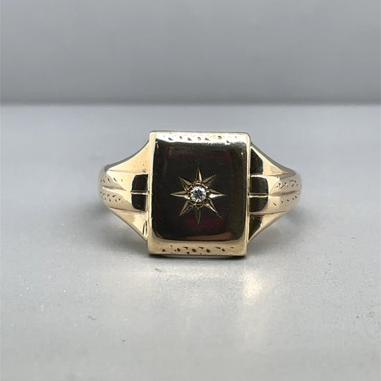 9ct Yellow Gold Single Stone Diamond Signet Ring - Size T