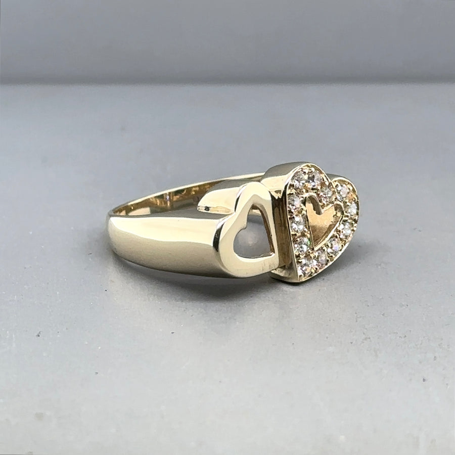 9ct Yellow Gold Cubic Zirconia Set Double Heart Ring - Size L