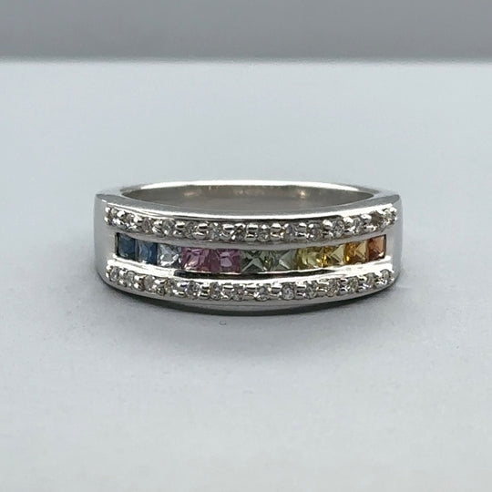9ct White Gold Multi Colour Topaz and Diamond Ring (c. 0.10 - 0.15ct) - Size N
