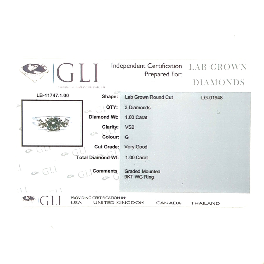 9ct White Gold Lab Grown Diamond Trilogy Ring (c. 1.00ct) - Size L - NEW!