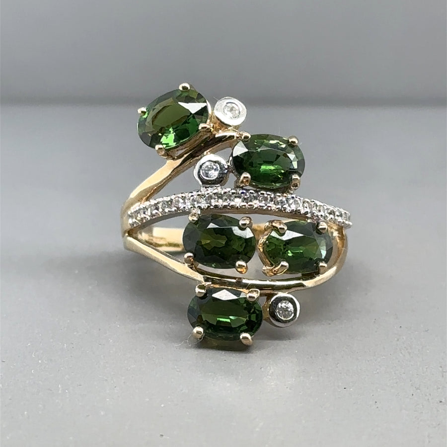 9ct Yellow Gold Spinel and Tourmaline Fancy Ring - Size N
