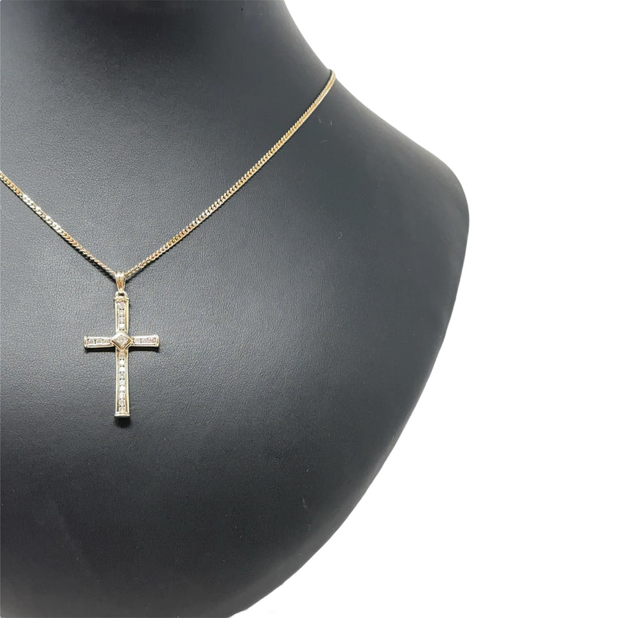 9ct Yellow Gold Diamond Cross Pendant and Fine Chain (c. 0.50ct) (22")