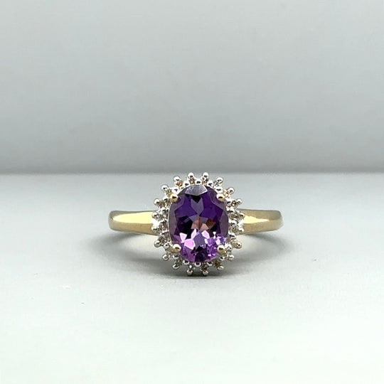 9ct Yellow Gold Amethyst and Diamond Ring - Size Q
