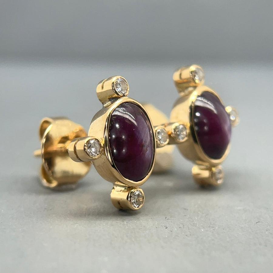 18ct Yellow Gold Purple Sapphire and Diamond Studs Earrings (c. 0.24ct)