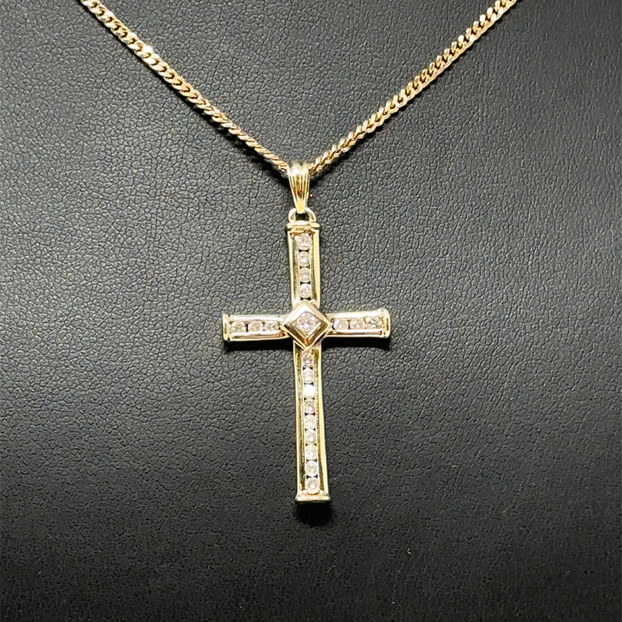 9ct Yellow Gold Diamond Cross Pendant and Fine Chain (c. 0.50ct) (22")