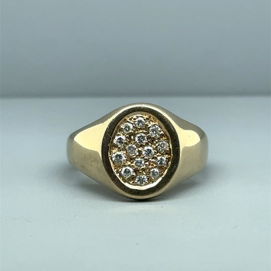 9ct Yellow Gold Diamond Round Signet Ring (c. 0.10 - 0.15ct) - Size P 1/2
