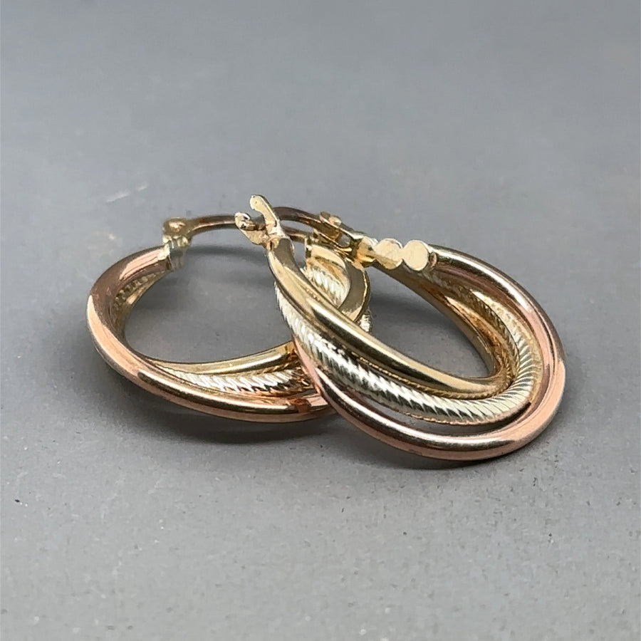 9ct Tri-Colour Three Row Earrings