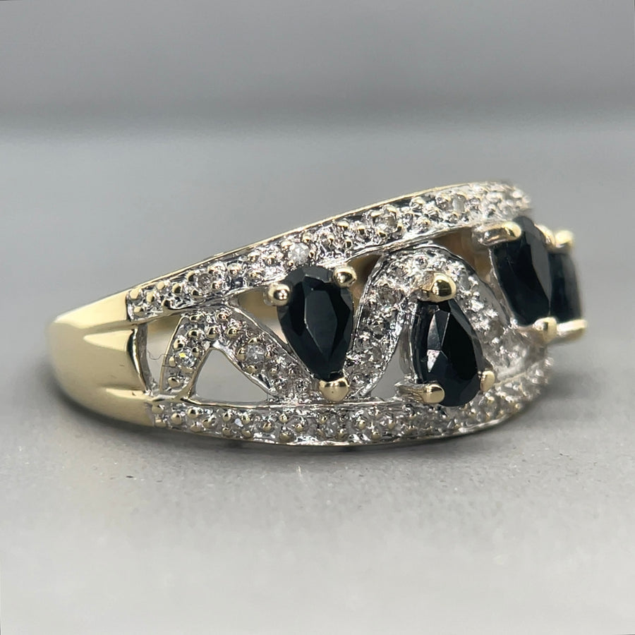 9ct Yellow Gold Diamond and Sapphire Ring (c. 0.10 - 0.15ct) - Size S