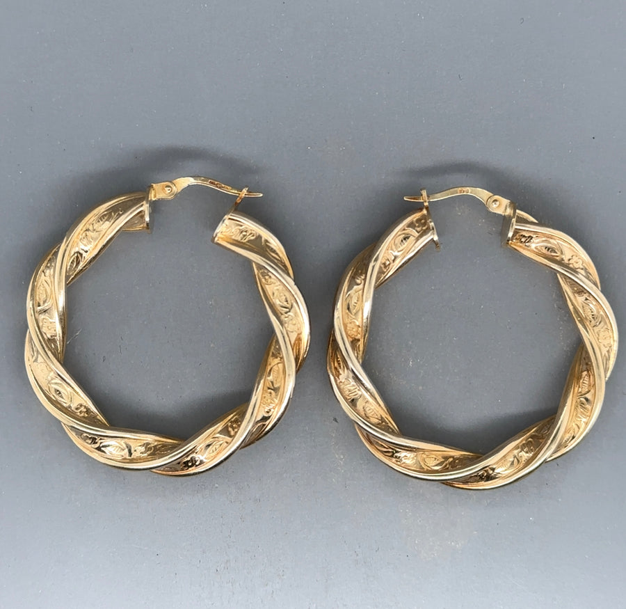9ct Yellow Gold Patterned Twist Hoop Earrings