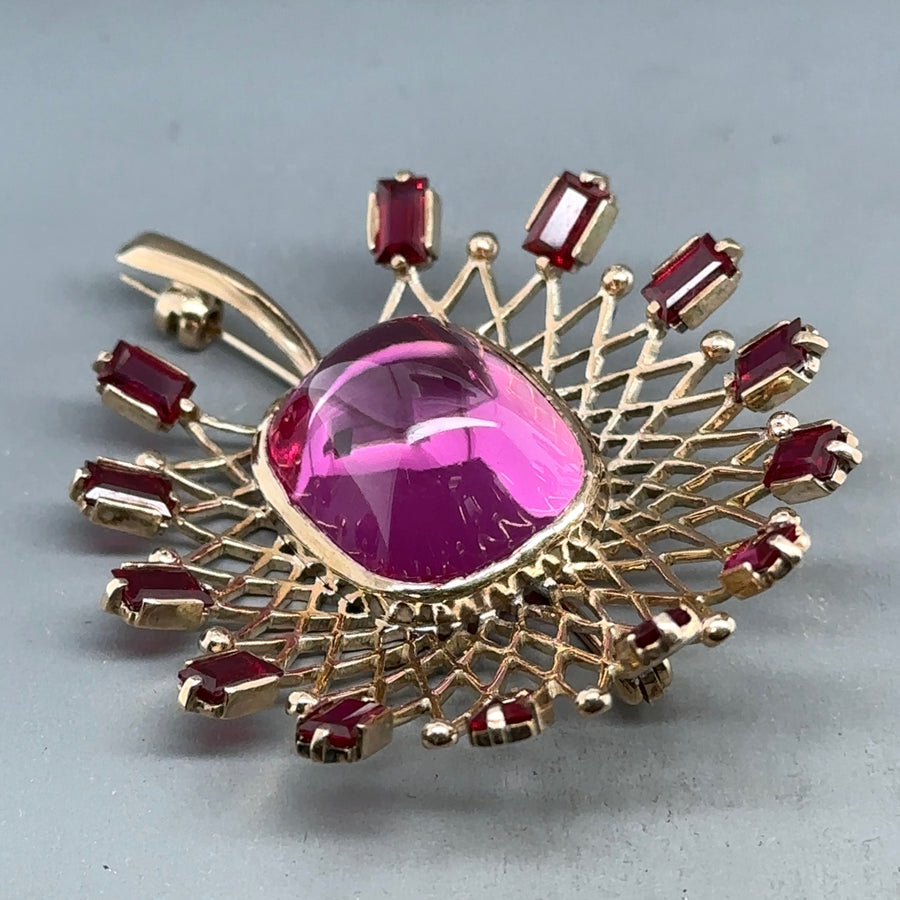 9ct Yellow Gold Pink Spinel and Topaz Brooch