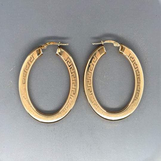 9ct Yellow Gold Greek Key Oval Hoop Earrings