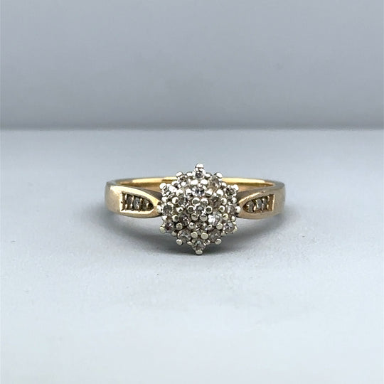 9ct Yellow Gold Diamond Cluster Ring (c. 0.10 - 0.15ct) - Size M