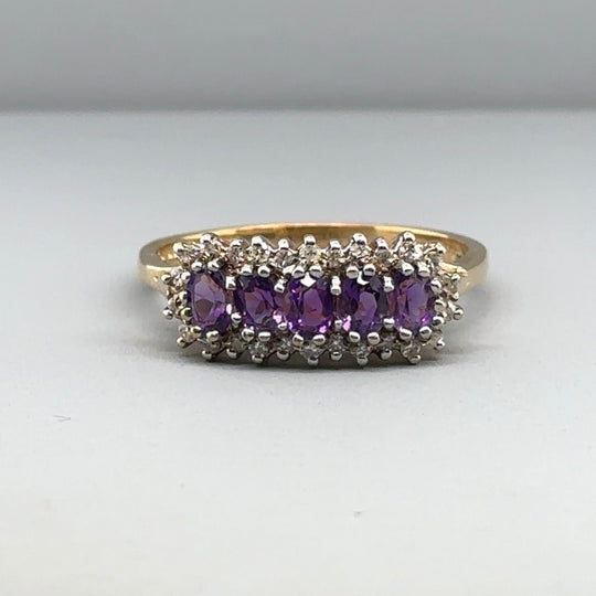 9ct Yellow Gold Diamond and Amethyst Ring (c. 0.19ct) - Size R 1/2