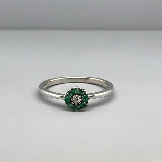 14ct White Gold Emerald and Diamond Cluster Ring - Size M 1/2