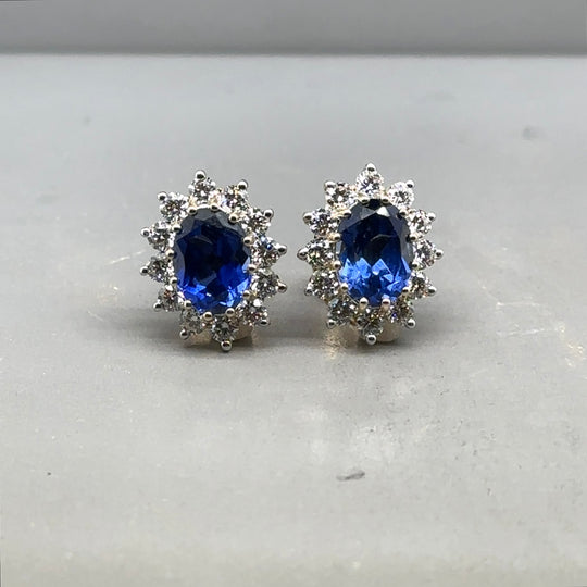 9ct Yellow Gold Lab Grown Diamond and Sapphire Cluster Stud Earrings (c. 0.95ct) NEW!