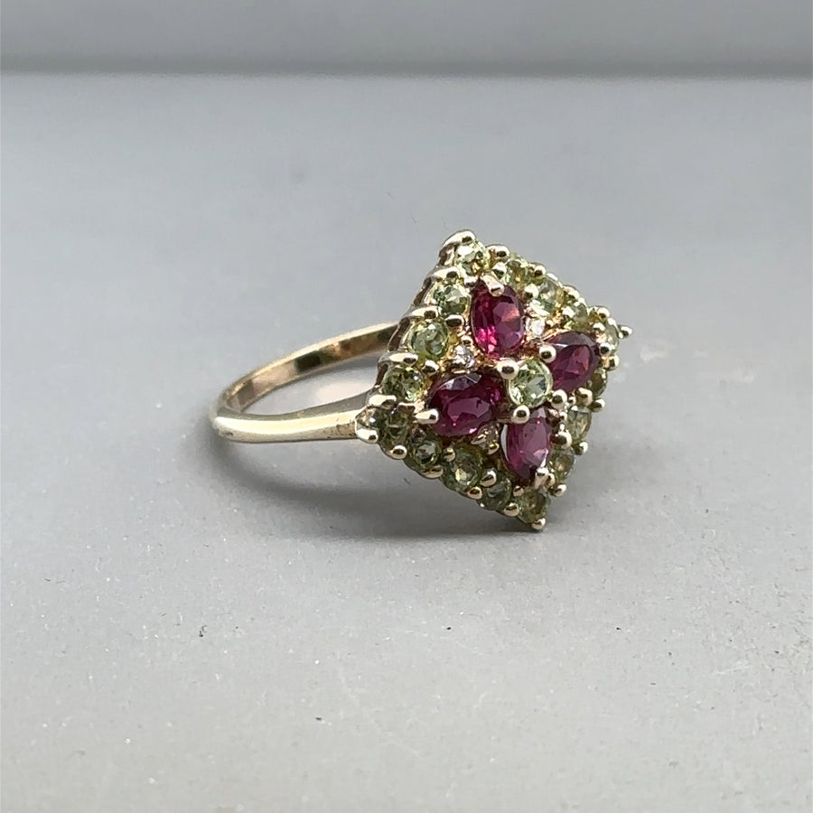 9ct Yellow Gold Green and Pink Tourmaline Ring - Size N