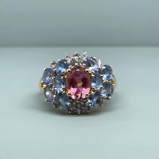 14ct Yellow Gold Pink and Purple Cubic Zirconia Ring - Size M