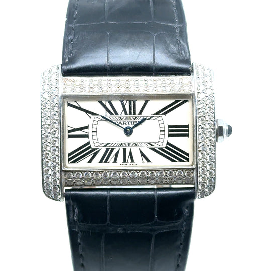 Pre-Owned Stainless Steel with Leather Strap Diamond Tank Divan Cartier Watch (Ladies)