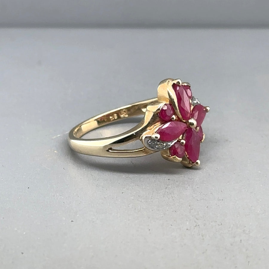 9ct Yellow Gold Ruby and Diamond Flower Style Ring - Size L 1/2