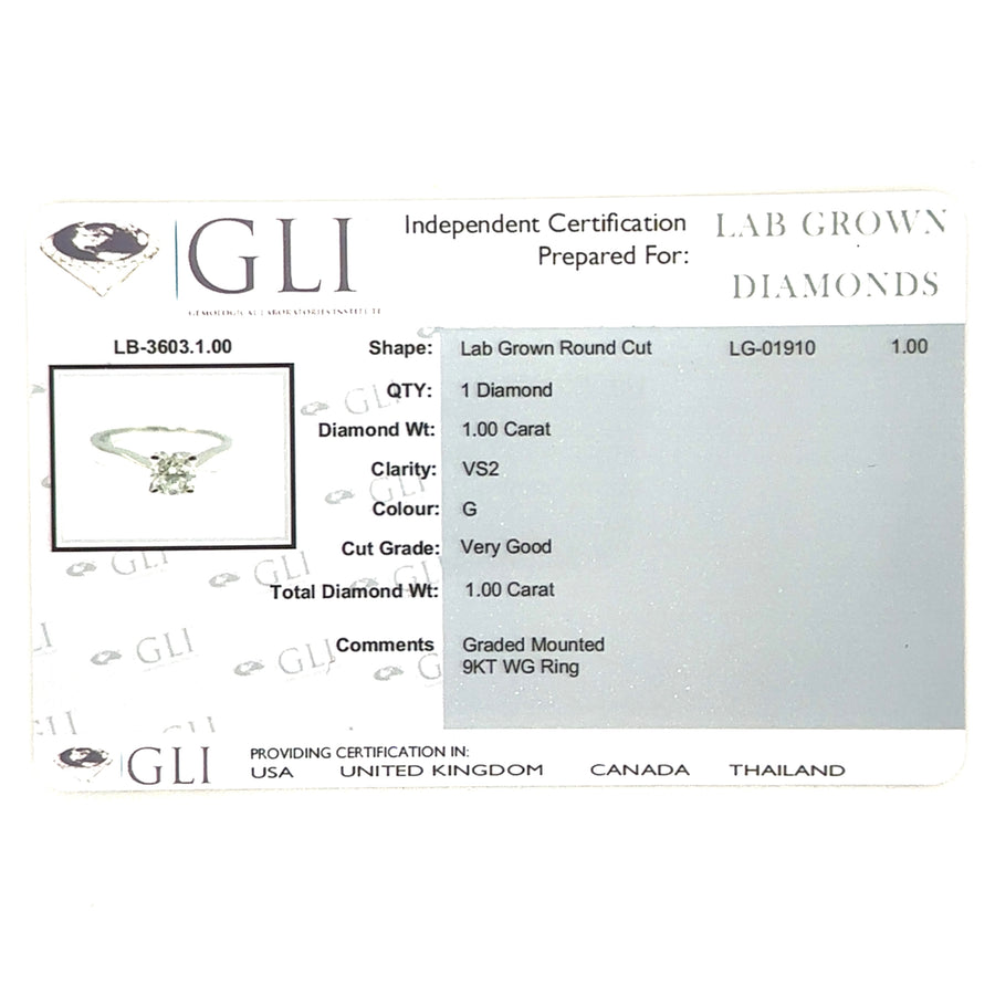 9ct White Gold Single Stone Lab Grown Diamond Ring (c. 1.00ct) - Size - M