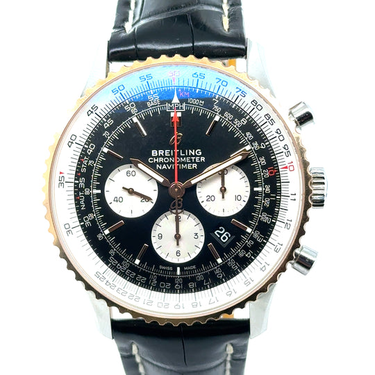 Pre-Owned Stainless Steel and Rose Gold with Leather Strap Navitimer Breitling Watch (Gents)
