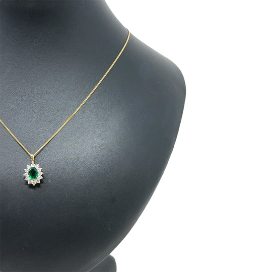 9ct Yellow Gold Lab Grown Diamond and Emerald Cluster Pendant and Fine Chain (c. 0.47ct) (19") NEW!
