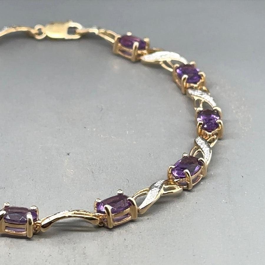 9ct Yellow Gold Amethyst and Diamond Bracelet