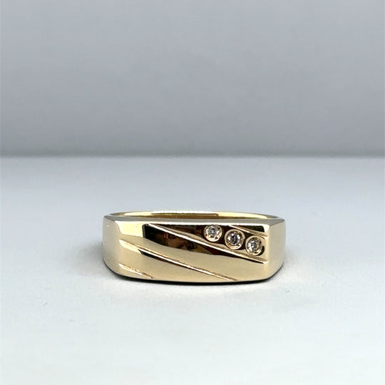 9ct Yellow Gold Three Stone Diamond Bar Signet Ring - Size L 1/2
