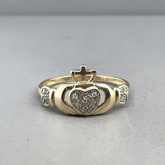 9ct Yellow Gold Diamond Claddagh Ring - Size O 1/2