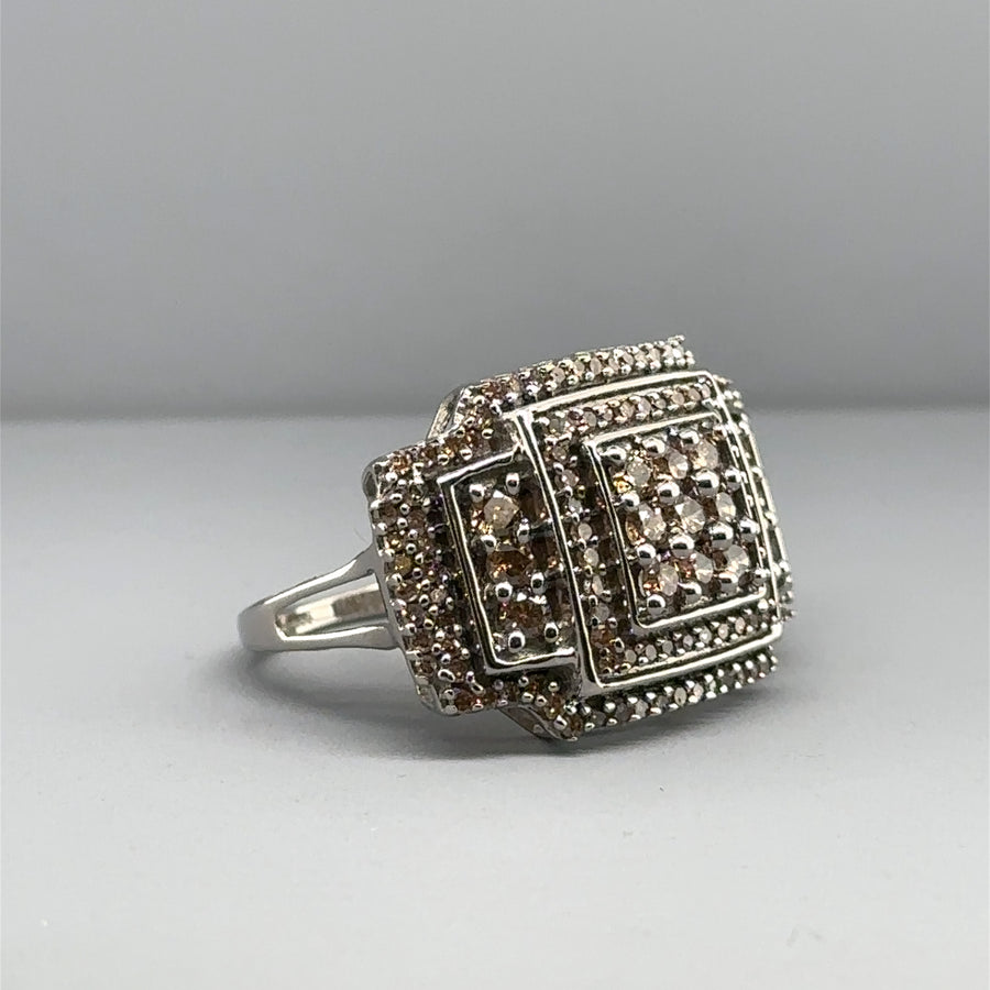 9ct White Gold Cinnamon Diamond Set Square Ring (c. 0.55 - 0.60ct) - Size N