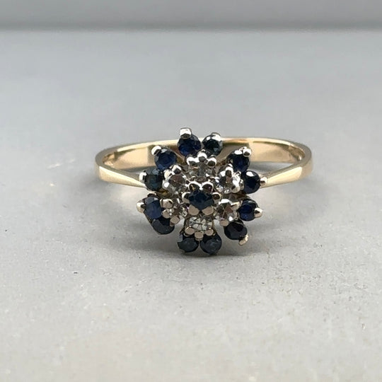 9ct Yellow Gold Sapphire and Diamond Ring (c. 0.10 - 0.15ct) - Size Q 1/2