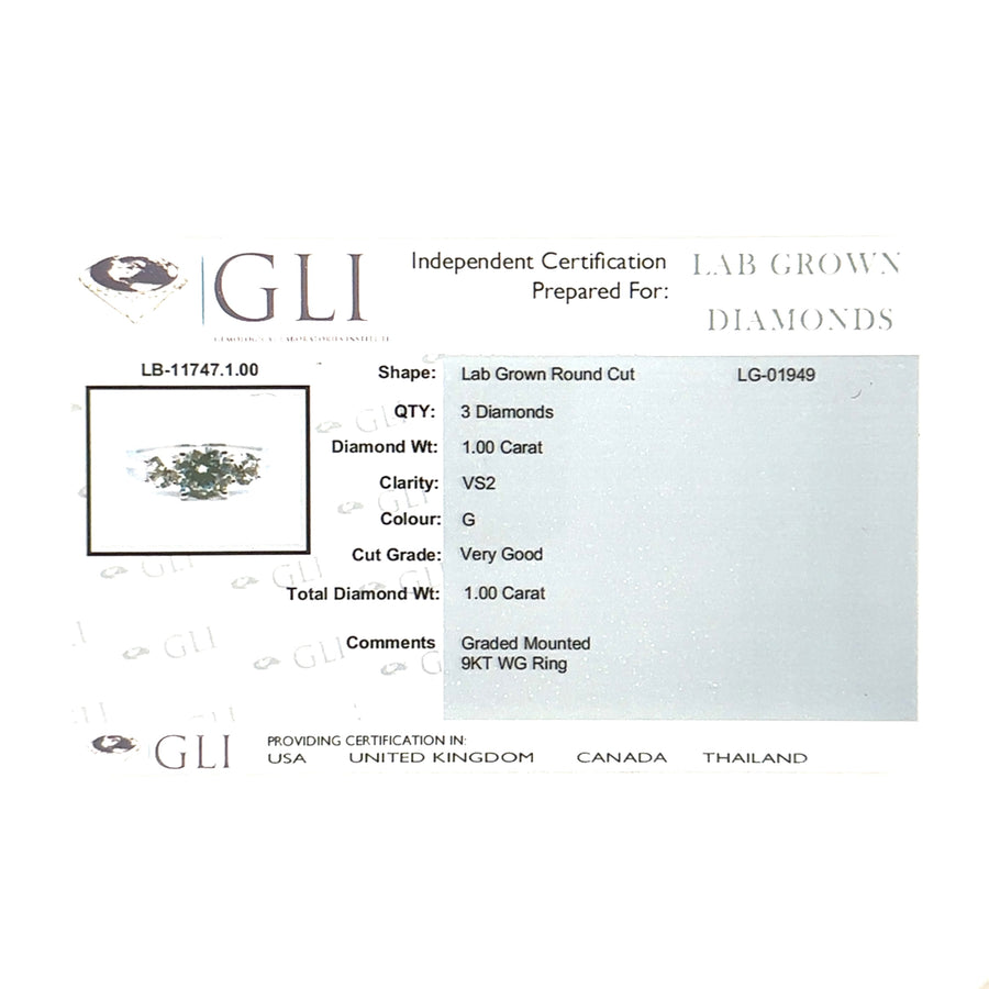 9ct White Gold Lab Grown Diamond Trilogy Ring (c. 1.00ct) - Size N - NEW!