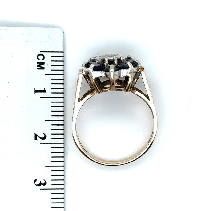 9ct Yellow Gold Sapphire and Diamond Cluster Ring - Size L