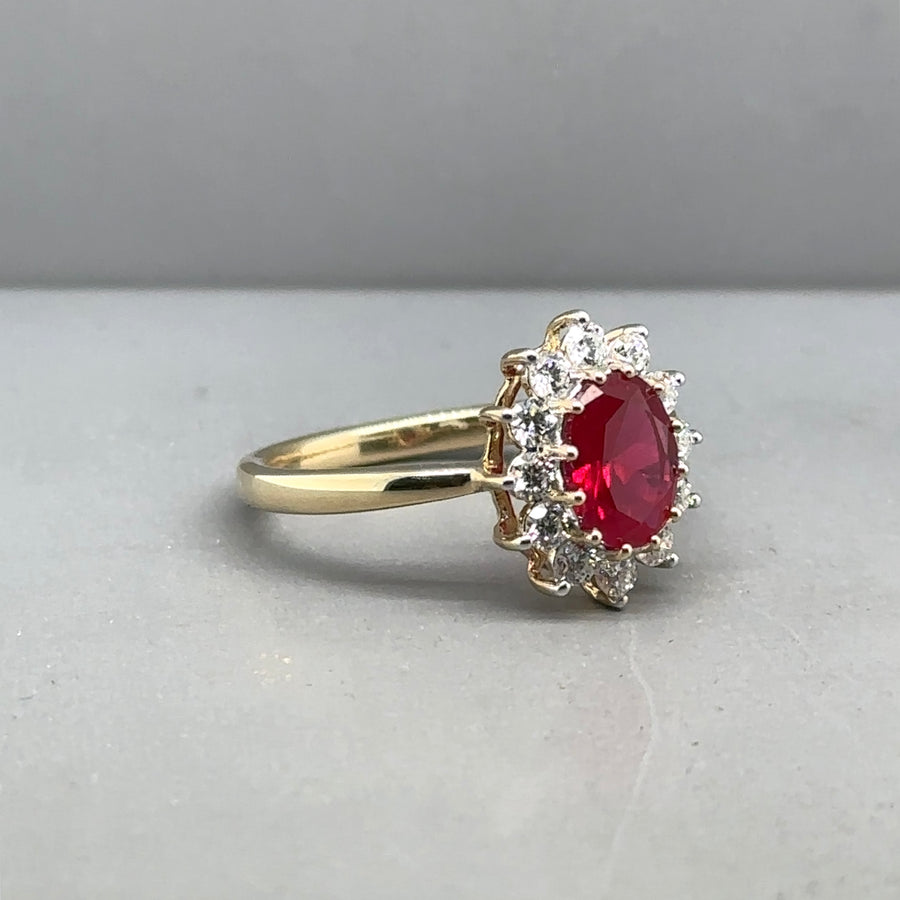 9ct Yellow Gold Lab Grown Diamond and Ruby Cluster Ring (c. 0.47ct) - Size N 1/2 - NEW!
