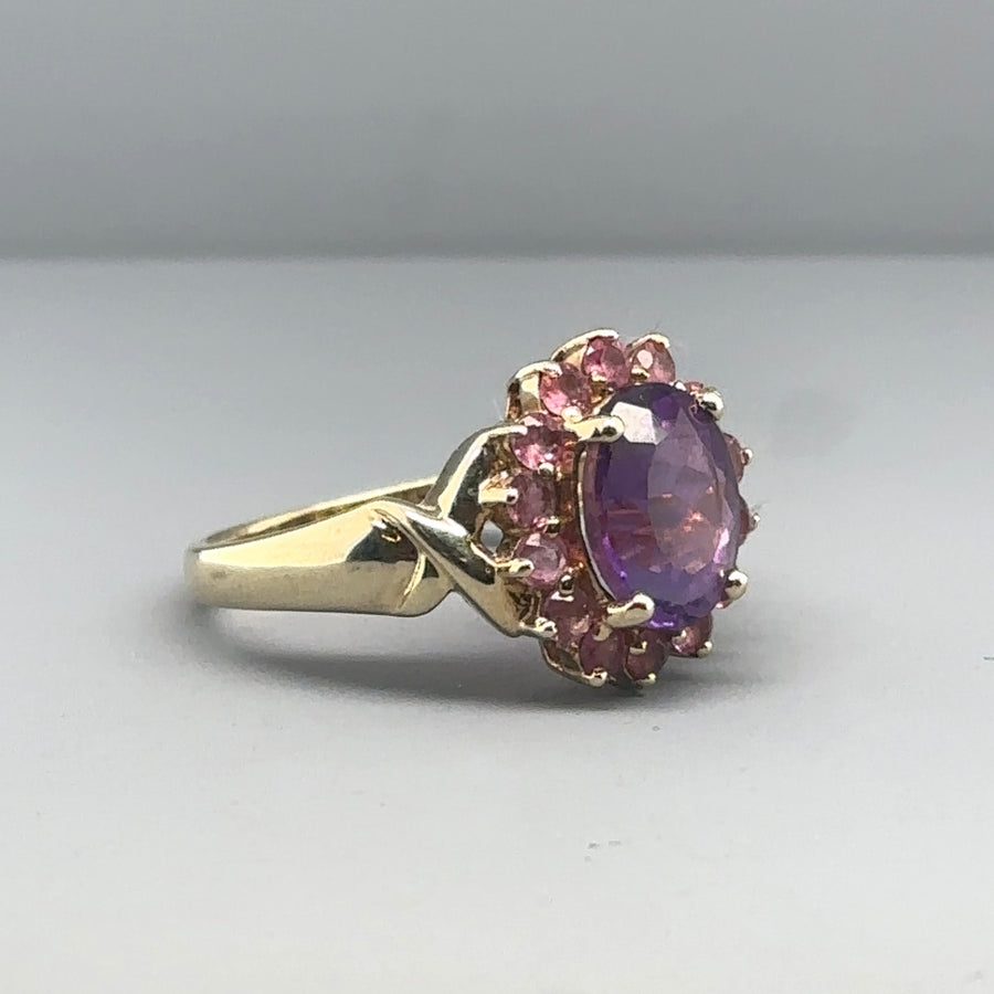 9ct Yellow Gold Amethyst and Tourmaline Ring - Size K 1/2