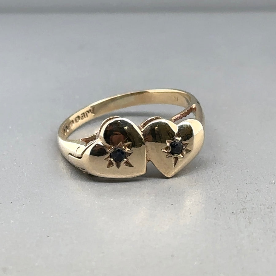 9ct Yellow Gold Sapphire Double Hearts Ring - Size O 1/2