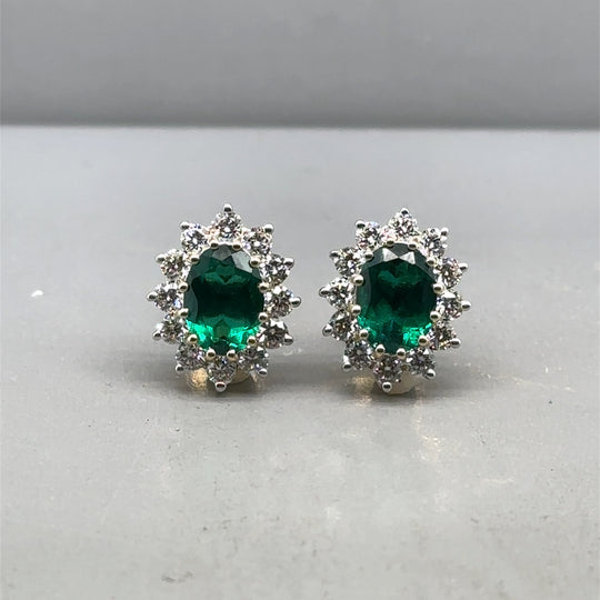 9ct Yellow Gold Lab Grown Diamond and Emerald Cluster Stud Earrings (c. 0.95ct) NEW!