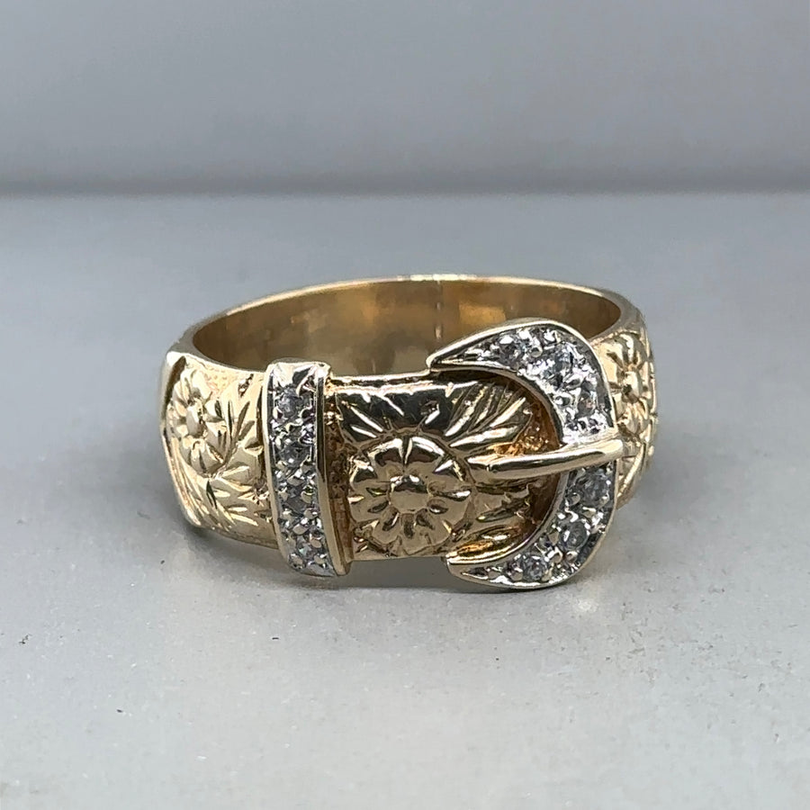 9ct Yellow Gold Cubic Zirconia Patterned Buckle Ring - Size Y 1/2