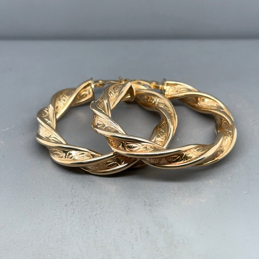 9ct Yellow Gold Patterned Twist Hoop Earrings
